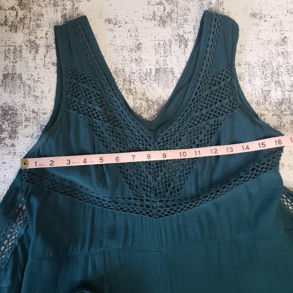 Anthropologie Elevenses Emerald Linen-Look Crochet Boho Wide Leg Pantsuit - Picture 15 of 16